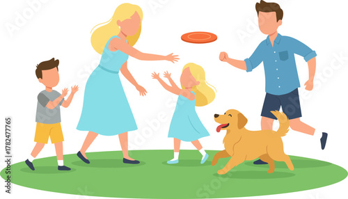 Family enjoying outdoor game with children and dog on grassy field