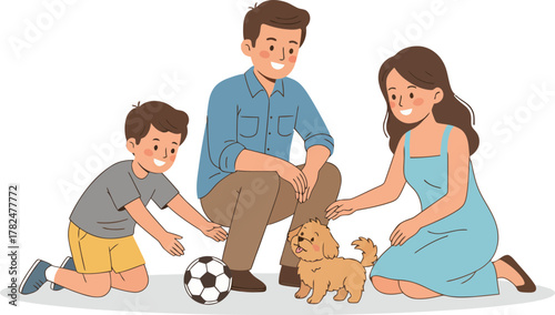 Family Playing with a Small Puppy and a Soccer Ball Enjoying Quality Time Together