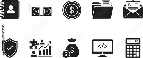 Business and Finance Icons Collection in Black and White Style Illustration