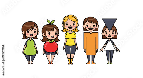 Diverse cartoon figures representing various body shapes and types with simple outlines