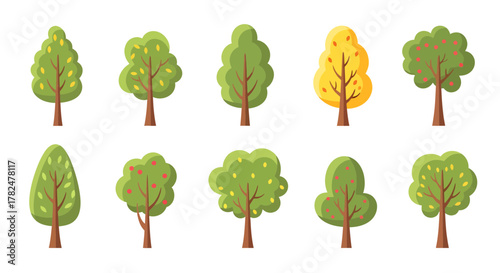 Diverse cartoon tree collection showcasing vibrant colors and varied shapes in a simple vector