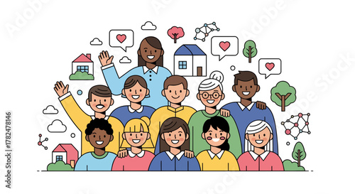 Diverse community illustration showcasing unity, shared values, and interconnectedness in