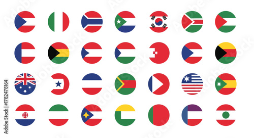 Diverse collection of global flags in circular representations symbolizing international unity and