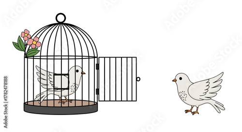 Doves liberation depiction showcasing conceptual freedom with an open cage and blooming flowers