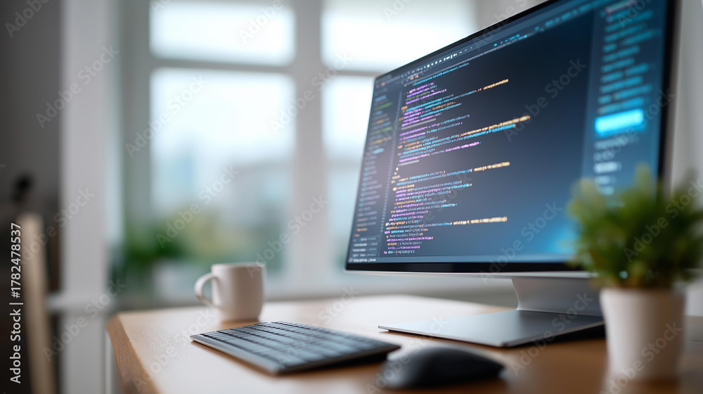 Fototapeta premium Dynamic coding and app development on a modern monitor, tech innovation in programming visuals, coding culture in engineering excellence, software solutions in app design, tech dis