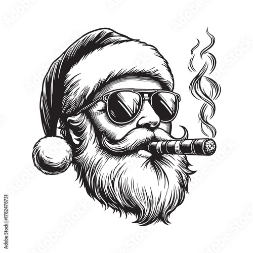 Celebrating Christmas with a Cool Santa Claus Wearing Sunglasses and Smoking a Cigar, Surrounded by Festive Elements for a Unique Holiday Vibe