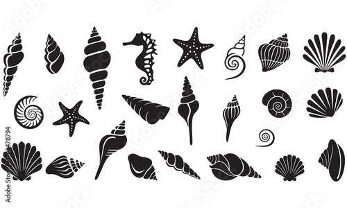 Seashell Silhouette Vector Collection | Marine Shell, Seahorse & Starfish Clipart Set