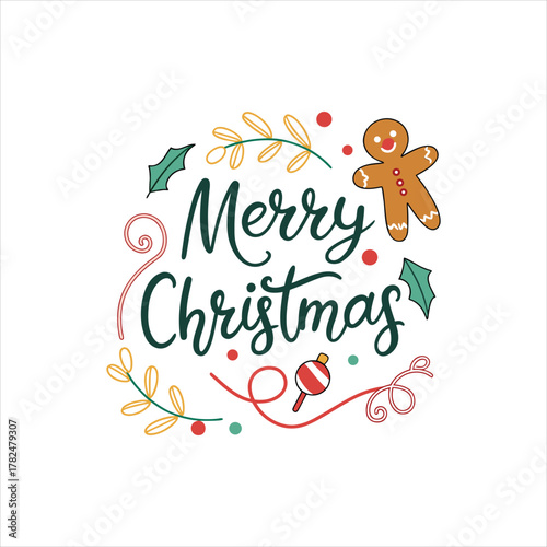 Merry Christmas Typography Design with Gingerbread Man and Festive Decorations