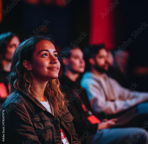 Young woman with light brown skin and wavy hair smiling while listening at an indoor event or seminar
