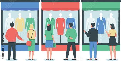 People are looking at clothes displayed in three different storefronts, showcasing a typical shopping experience.