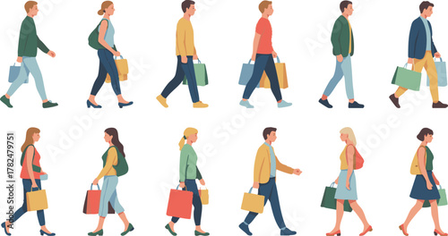 Diverse group of men and women walking with shopping bags, illustrating consumerism and retail activity.