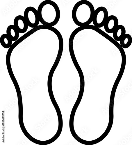 Footprint and shoe print icon in black line style, including barefoot, boot, sneaker, trail, and walking track symbols, perfect outline and silhouette vector