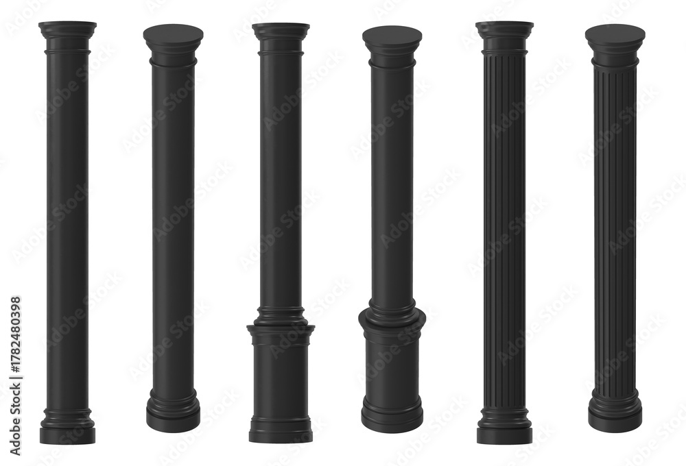 Fototapeta premium Black decorative columns in various classical architectural styles