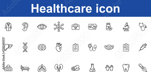 Collection of healthcare and medical icons, including doctor, stethoscope, DNA, heart, brain, lungs, kidney, liver, eye, tooth, syringe, microscope, and more, isolated on transparent background