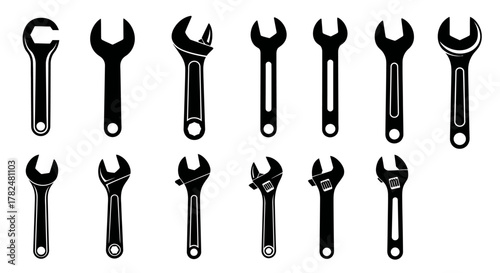 Collection of various wrench tools, including open-end, adjustable, and combination types, in a silhouette style.