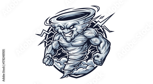 Illustration of an angry tornado character with lightning bolts in the background, showcasing a powerful and menacing weather phenomenon.