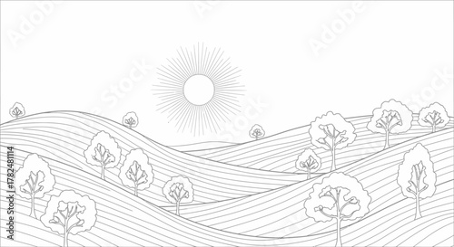 A minimalist line drawing depicts rolling hills under a radiant sun with scattered trees.