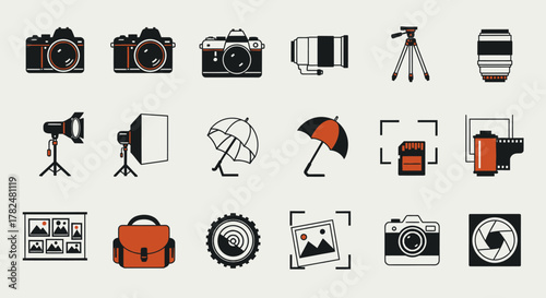 Collection of various photography equipment and accessories, illustrated in a flat design style.