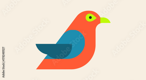 Illustration of a bird with orange body, blue wing, and green beak on a beige background.