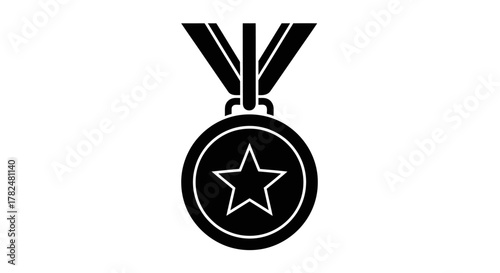 Black silhouette icon of a winner's award medal with a star hanging from a ribbon.