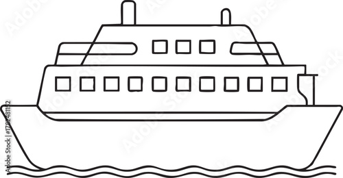 Passenger ferry boat sailing on water outline illustration for transportation and travel art