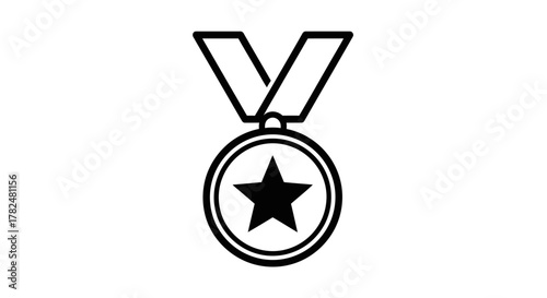 Black and white line art icon of a medal with a star in the center, hanging from a ribbon, symbolizing achievement or award.