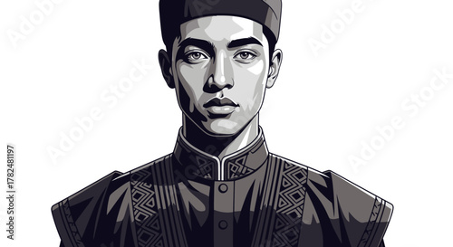 Monochrome portrait of a young man in traditional attire with intricate patterns and a distinctive hat.