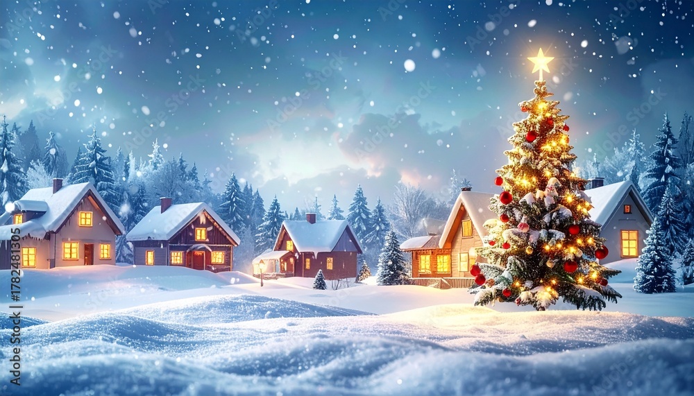 Fototapeta premium Festive winter village scene with christmas tree and illuminated houses under snowfall cold