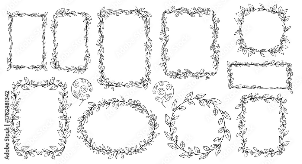 Obraz premium Creative collection of hand-sketched frames decorated with leaves, including circular, oval, and rectangular border designs.