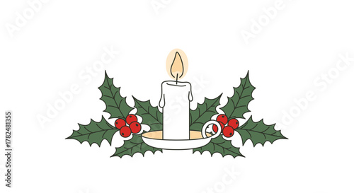 A festive illustration featuring a lit candle surrounded by holly leaves and red berries, perfect for holiday decorations.