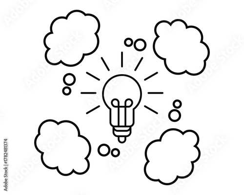 Sparkling lightbulb ignites creative thoughts with brainstorming clouds and ideas bursting forth