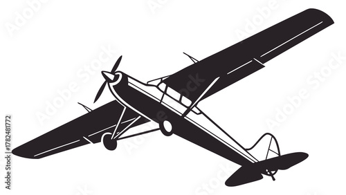 Classic propeller plane flying, a simple black silhouette illustration of a vintage light aircraft against a clean white background, symbolizing freedom and aviation