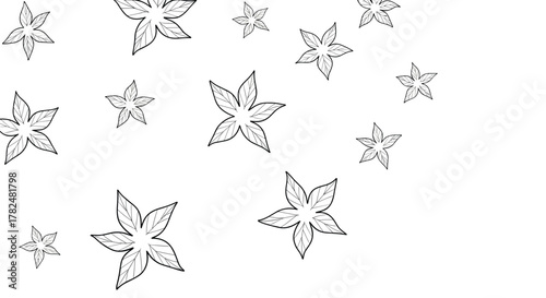 Delicate background pattern of hand-drawn, star-shaped flowers or leaves gently falling against a clean white backdrop for cards.