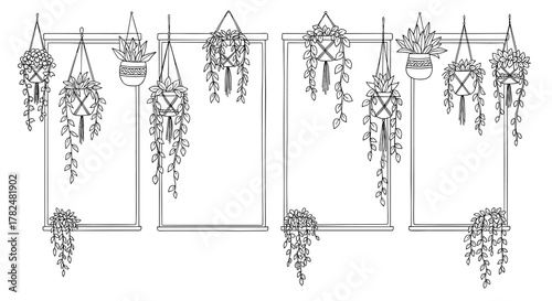 Set of decorative rectangular frames adorned with hand-drawn hanging houseplants in macrame holders, ideal for eco-friendly designs.