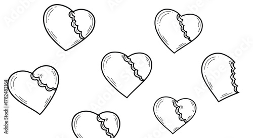 Playful set of hand-drawn heart illustrations, some with a bite taken out, symbolizing love, temptation, or heartbreak.