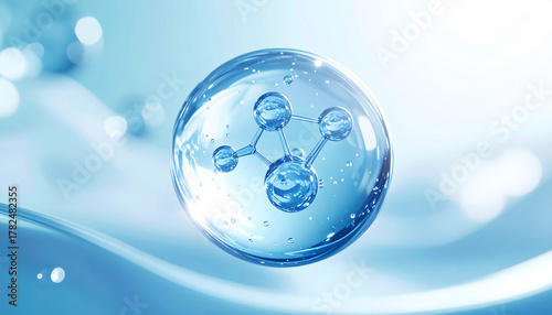Fototapeta Naklejka Na Ścianę i Meble -  透明な水の中に浮かぶ分子構造の美しい3Dイメージ／Beautiful 3D Molecular Structure Floating in Transparent Water Droplet with Blue Light Reflection for Skincare and Science Concept