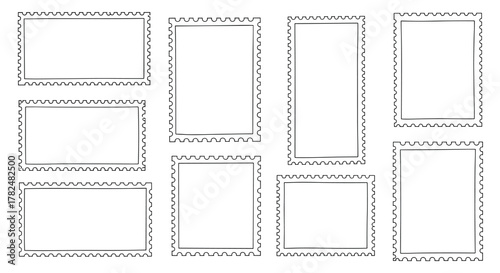 Useful collection of blank postage stamp templates with serrated borders, hand-sketched for a vintage mail or travel theme.
