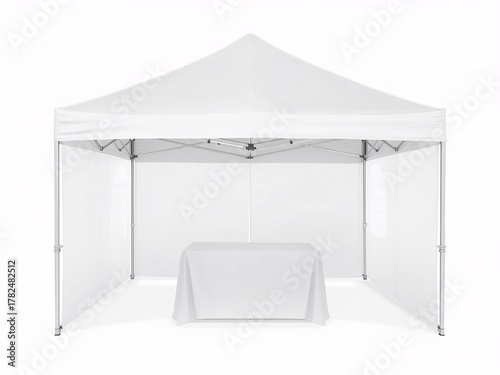 White event tent mockup with a table. Blank canopy for exhibition or market. Isolated on white background.