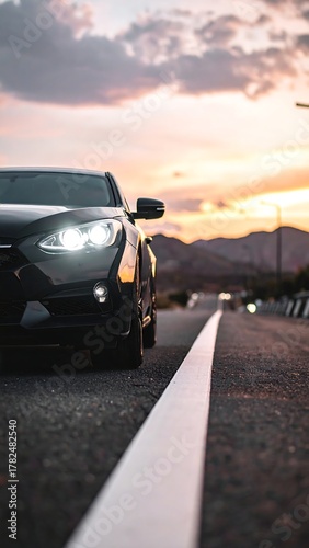 Car on the Road at Sunset - A Journey into the Horizon.