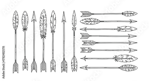 Detailed collection of hand-drawn tribal arrows with intricate feather fletching, perfect for bohemian and rustic design projects.