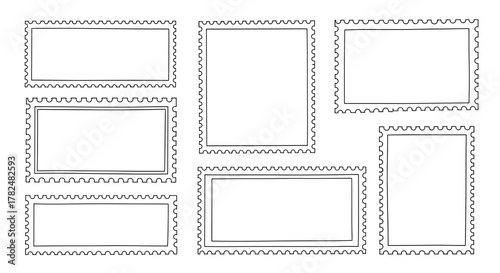 Versatile set of hand-drawn postage stamp frames in various sizes and orientations, featuring classic perforated serrated edges.