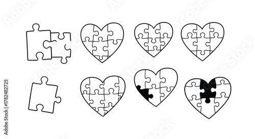 Set of hand-drawn heart-shaped jigsaw puzzles, showing both complete and incomplete forms to symbolize love and connection.