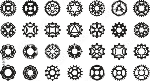 Diverse Collection of Gear Icons Black and White Vector Illustration