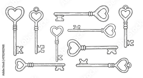 Ornate set of hand-drawn vintage keys with decorative heart-shaped bows, symbolizing the key to one's heart or unlocking love.