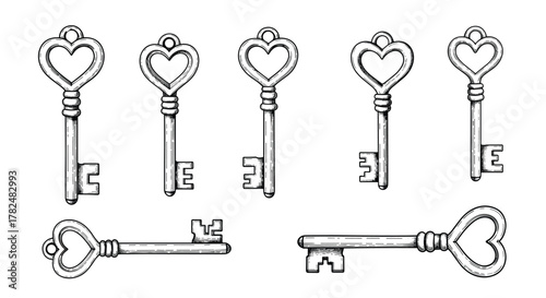 Elegant collection of antique-style keys with heart-shaped tops, illustrated in a classic, detailed engraving sketch style.