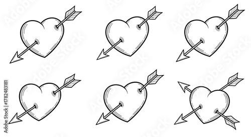 Classic set of hand-drawn hearts pierced by cupid's arrows, illustrated in a detailed vintage engraving or tattoo art style.