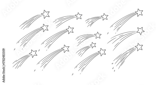 Simple set of sketched falling stars with trails, creating a clean and minimalist pattern for decoration or backgrounds.