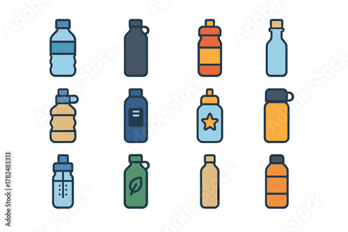 Set of Twelve Water Bottle Icons in Minimalistic Style