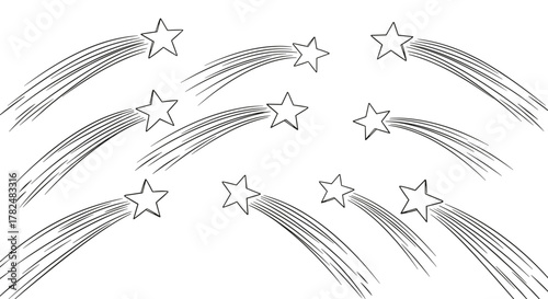 Minimalist collection of hand-drawn shooting stars with simple trails, perfect for creating a subtle, magical starry background.