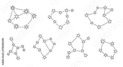 Hand-drawn set of various star constellations, featuring zodiac and celestial patterns for astronomical and astrological designs.